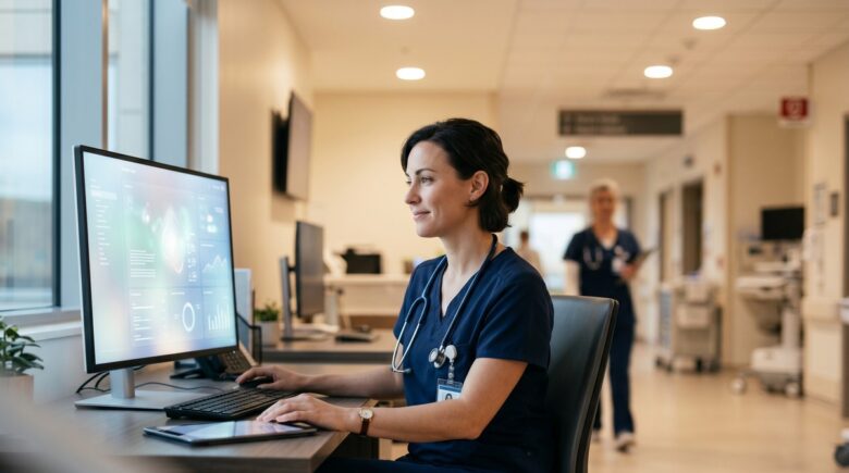 Nurse using AI automation tool on tablet to streamline healthcare documentation at a hospital workstation
