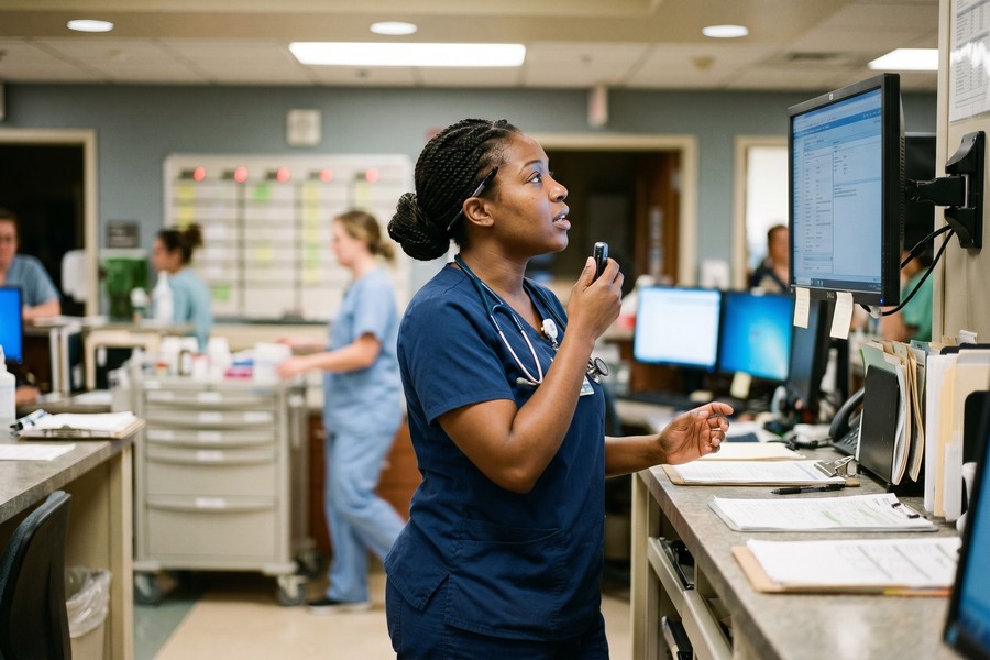 Nurse using ambient AI documentation tool during a patient room consultation