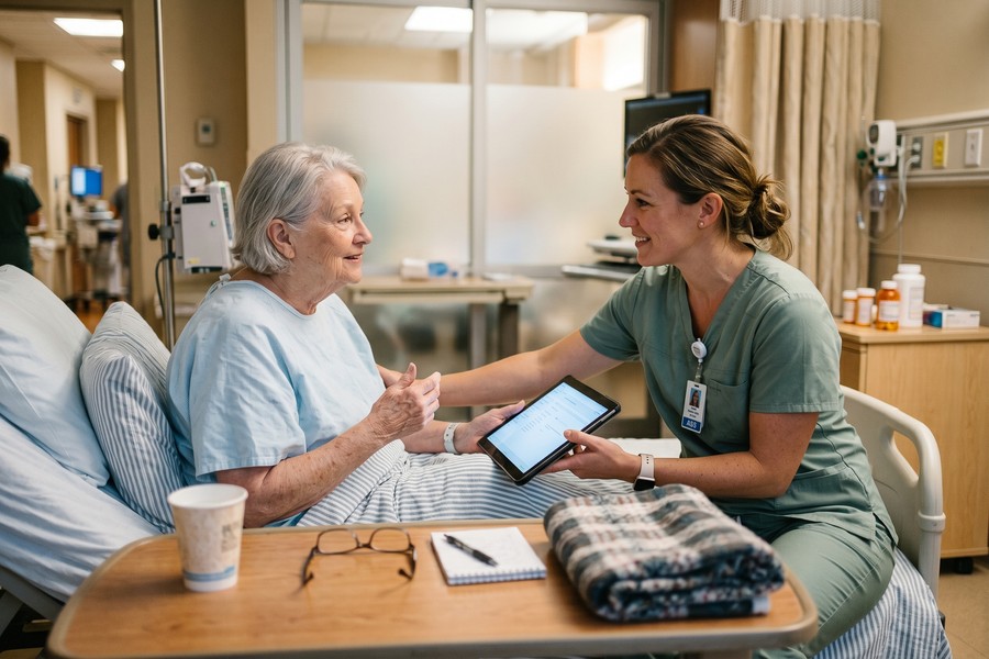 Hospital administrator reviewing HIPAA compliance documentation for AI platform deployment