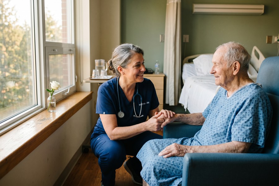 Futuristic hospital command center with AI-assisted patient monitoring and documentation dashboards