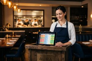 Restaurant owner using AI automation tools on a tablet to manage reservations and reviews