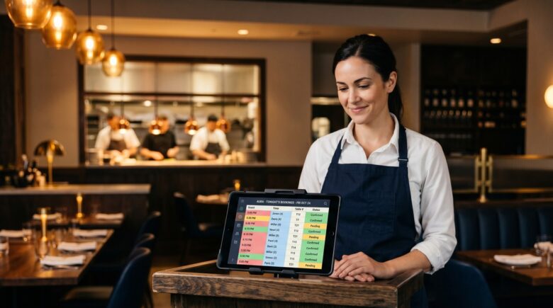 Restaurant owner using AI automation tools on a tablet to manage reservations and reviews