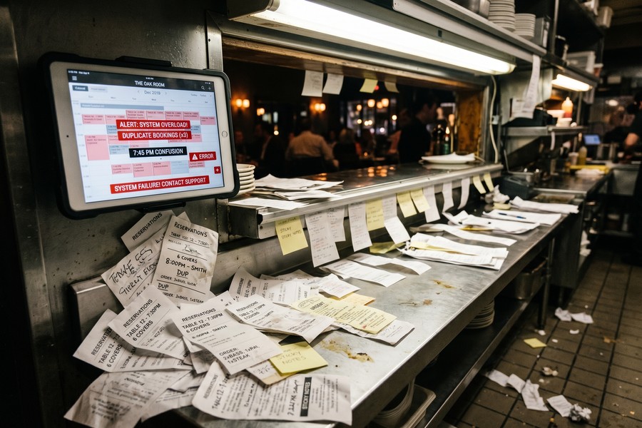 Restaurant owner reviewing AI dashboard on a tablet showing reservation and inventory analytics