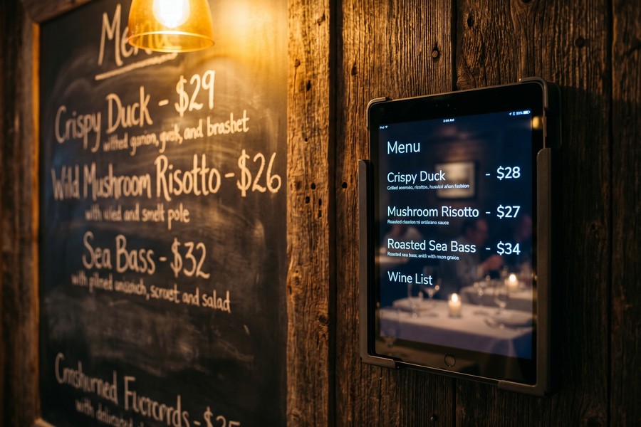 Futuristic restaurant kitchen with AI-powered inventory tracking screens and automated ordering interface
