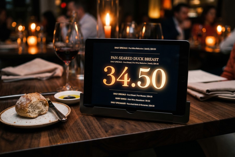Small restaurant owner smiling at a tablet showing positive AI-generated review responses and full reservation calendar