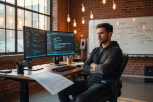 Split screen showing AI-generated code on one side and a developer writing code on the other for a startup