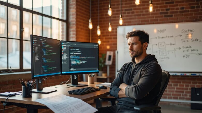 Split screen showing AI-generated code on one side and a developer writing code on the other for a startup