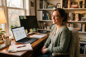 Remote teacher using AI grading tools on a laptop to save time on student feedback