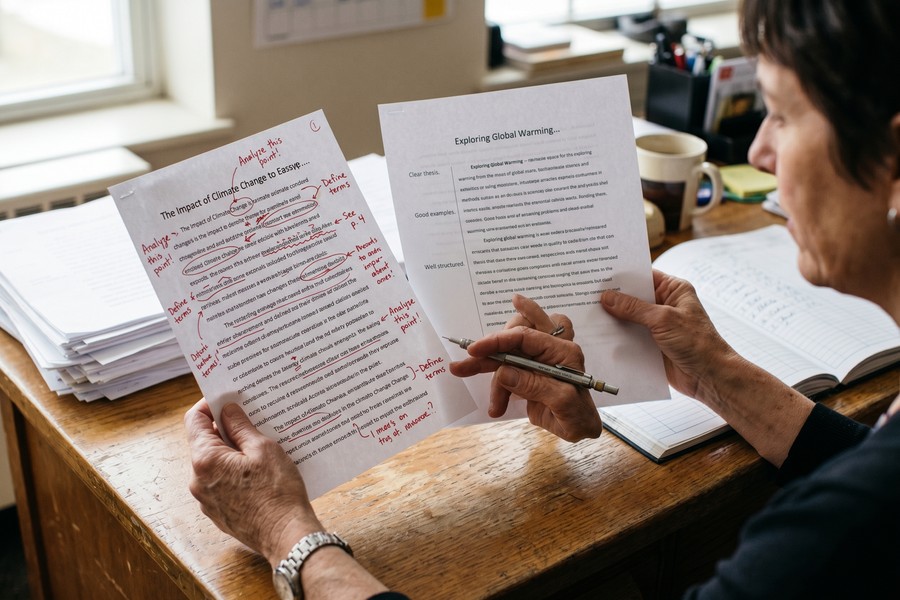 A teacher reviewing AI-generated feedback scores on a laptop next to a printed rubric