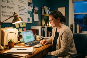 Small nonprofit team using AI grant writing automation tools on a laptop to streamline funding proposals