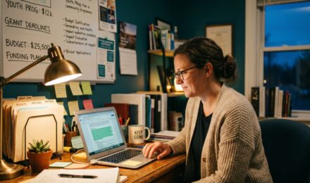 Small nonprofit team using AI grant writing automation tools on a laptop to streamline funding proposals