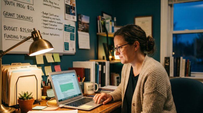 Small nonprofit team using AI grant writing automation tools on a laptop to streamline funding proposals