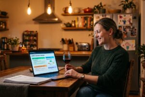 A teacher relaxing at home in the evening after using AI lesson planning tools to finish work faster