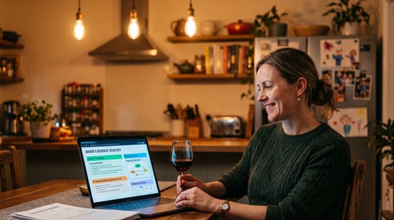 A teacher relaxing at home in the evening after using AI lesson planning tools to finish work faster