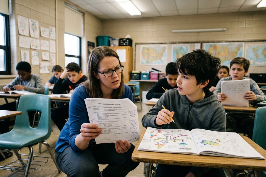 Weekly teacher planning calendar with AI-generated lesson drafts organized by day and subject