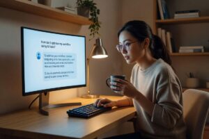 Beginner's guide to AI prompt engineering showing a person typing prompts into an AI chatbot interface