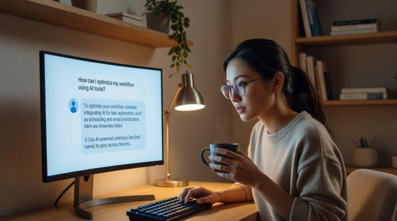 Beginner's guide to AI prompt engineering showing a person typing prompts into an AI chatbot interface