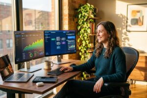 Freelancer using AI automation tools on laptop to increase hourly rate