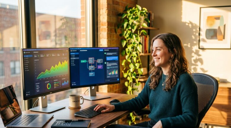 Freelancer using AI automation tools on laptop to increase hourly rate