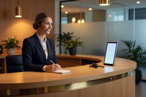 AI voice agent receptionist handling a business phone call compared to a human receptionist at a desk