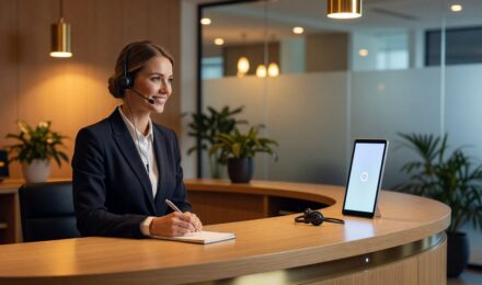AI voice agent receptionist handling a business phone call compared to a human receptionist at a desk