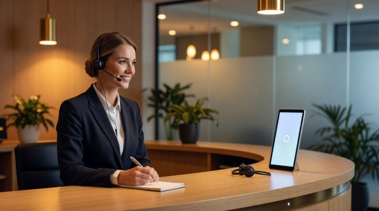 AI voice agent receptionist handling a business phone call compared to a human receptionist at a desk