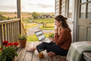 Side-by-side comparison of Airbnb and vacation rental apps on a smartphone screen with a rural countryside cottage in the background