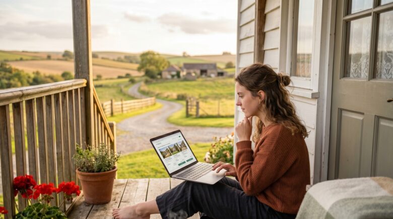 Side-by-side comparison of Airbnb and vacation rental apps on a smartphone screen with a rural countryside cottage in the background