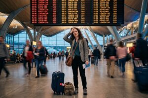 Traveler looking stressed at airport gate during a long layover