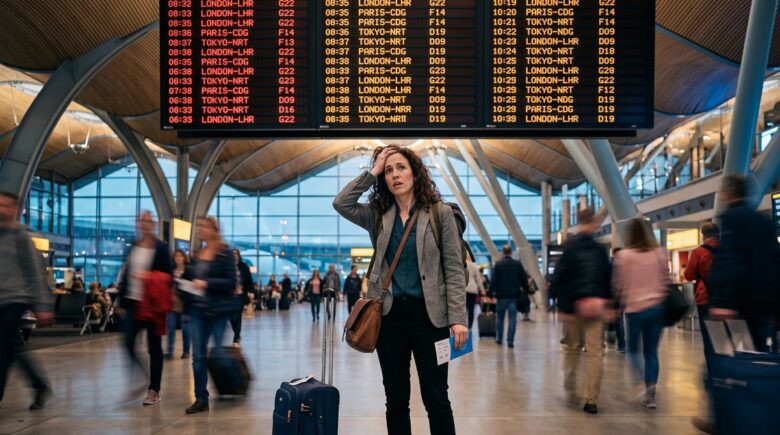 Traveler looking stressed at airport gate during a long layover