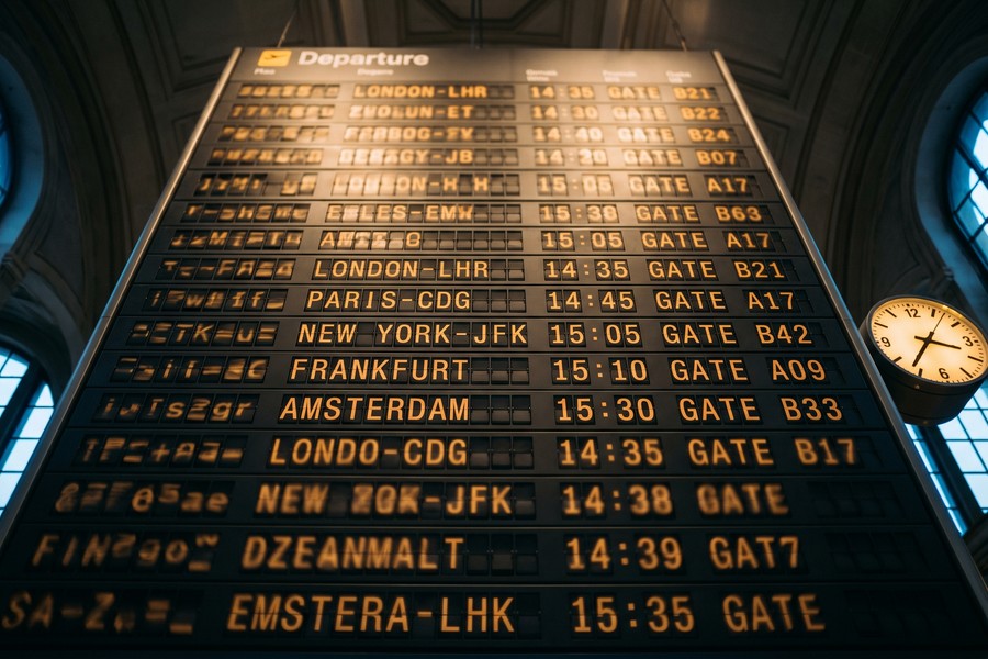 Busy airport terminal with travelers rushing through gates toward connecting flights