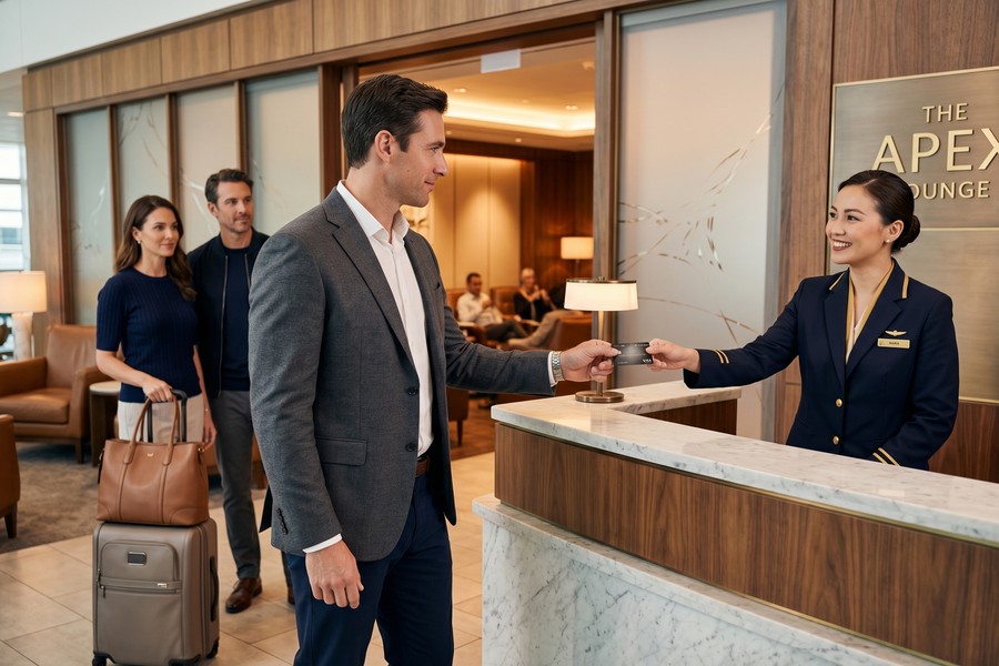 Modern airport lounge interior with comfortable seating, food stations, and charging areas