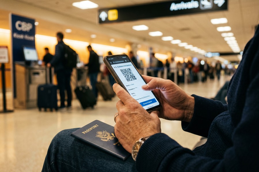 Travelers in a long airport security queue with luggage during peak travel hours