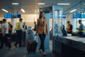 Frequent traveler walking confidently through airport security checkpoint with carry-on bag