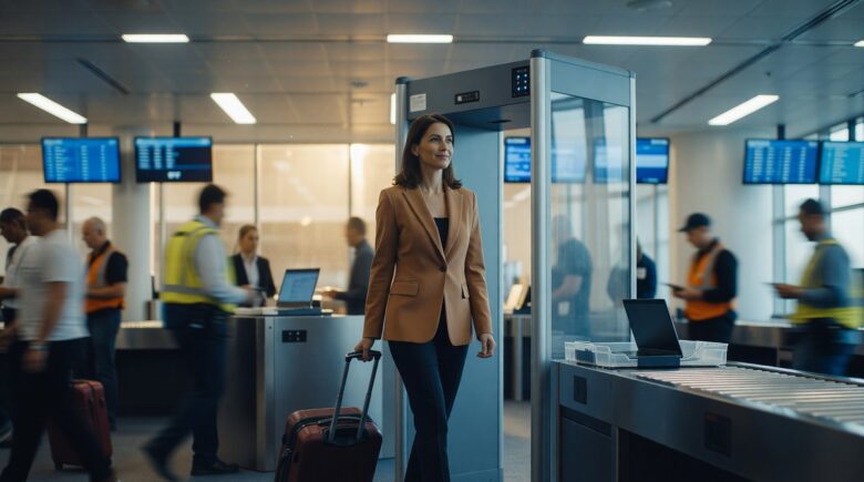 Frequent traveler walking confidently through airport security checkpoint with carry-on bag