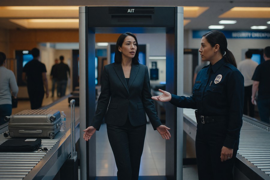 Traveler placing laptop in separate bin at TSA airport security checkpoint conveyor belt