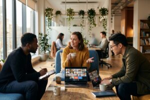 Team members using async video conferencing apps for daily standups on different devices