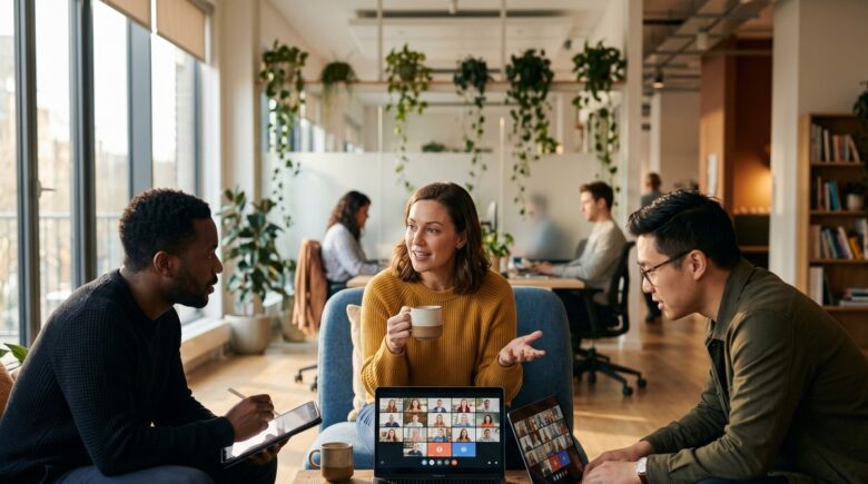 Team members using async video conferencing apps for daily standups on different devices