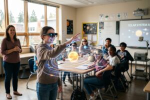 Teacher using augmented reality classroom technology with students on interactive AR lesson