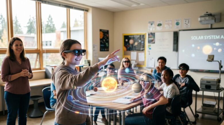 Teacher using augmented reality classroom technology with students on interactive AR lesson