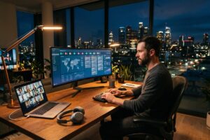 Remote business partners using collaboration apps across different time zones on laptops