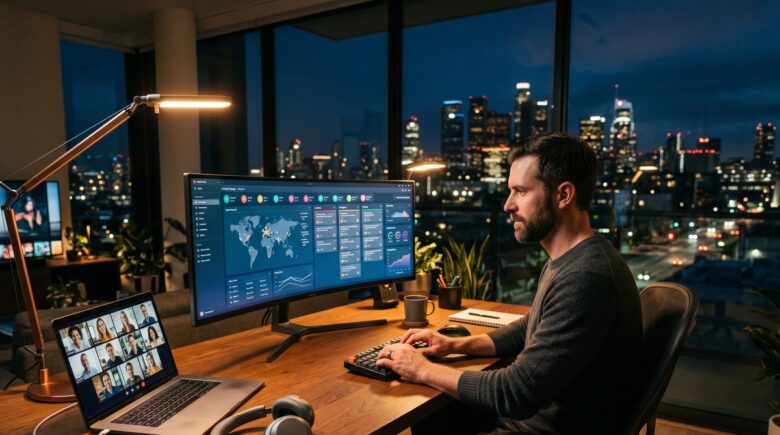 Remote business partners using collaboration apps across different time zones on laptops