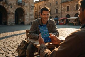 Traveler using offline travel apps on smartphone without Wi-Fi or mobile data