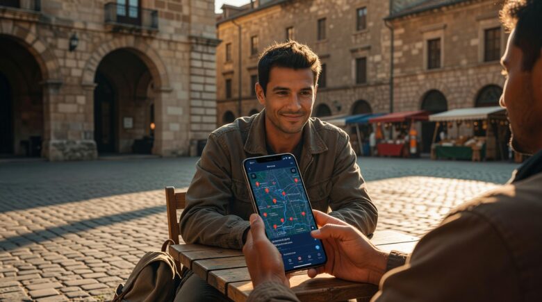 Traveler using offline travel apps on smartphone without Wi-Fi or mobile data