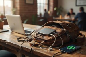 Remote worker charging laptop and phone with a portable charger at a cafe