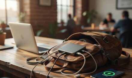 Remote worker charging laptop and phone with a portable charger at a cafe