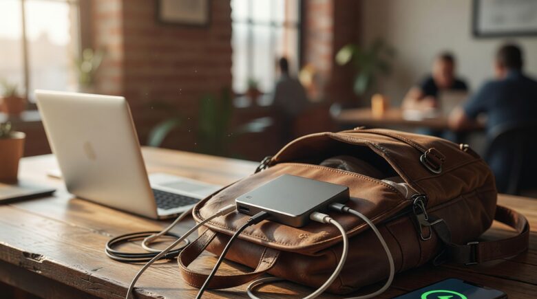Remote worker charging laptop and phone with a portable charger at a cafe