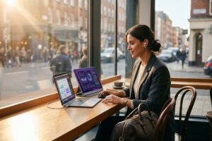 Lightweight portable monitor set up on a desk by a remote worker traveling with a laptop