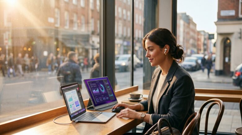 Lightweight portable monitor set up on a desk by a remote worker traveling with a laptop