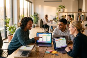 Small business team using a task management app on laptop to replace shared spreadsheets